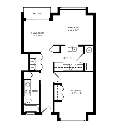 Floor plan for 1 bed, 1 bath, 825 sqft